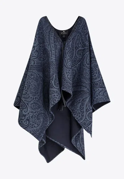 Etro Paisley Jacquard Wool Poncho In Blue