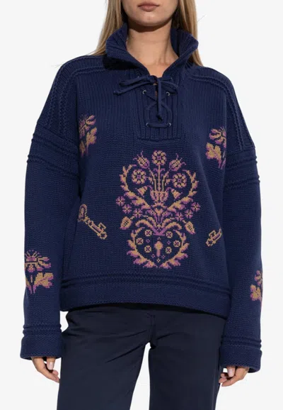 Etro Paisley Jacquard Wool Sweater In Navy