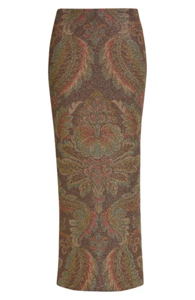 Etro Paisley Jersey Midi Pencil Skirt In Brown