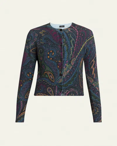 Etro Paisley Knit Cardigan In Blue