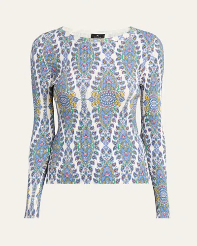 Etro Paisley Knit Long-sleeve Top In Print On White Base
