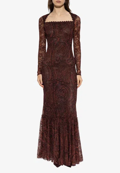 Etro Paisley Lace Maxi Dress With Scalloped Square Neckline In Brown