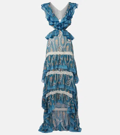 Etro Asymmetric Ruffled Tiered Lace-trimmed Paisley-print Silk-chiffon Maxi Dress In Blue