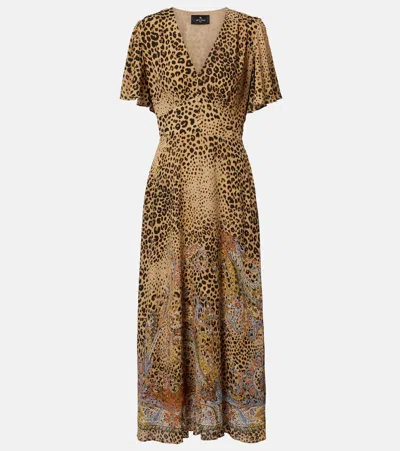Etro Paisley Leopard-print Midi Dress In Brown