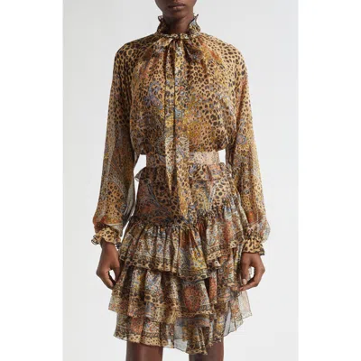 Etro Paisley Leopard Spot Tie Neck Silk Shirt In Brown