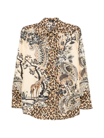 Etro Silk Animal Print Long-sleeve Shirt With Classic Collar In Multi