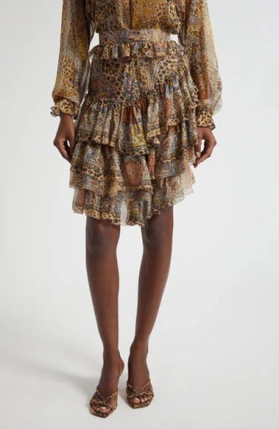 Etro Paisley Leopart Spot Tiered High-low Silk Miniskirt In Multi