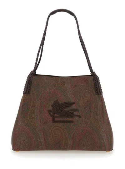Etro Paisley Libra Medium Brown Tote Bag With Pegaso Detail In Cotton Woman