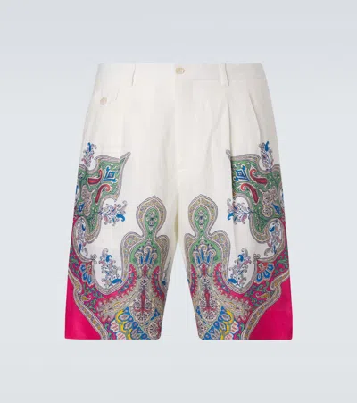 Etro Paisley Linen Bermuda Shorts In White