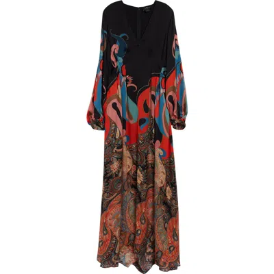 Etro Paisley Long Sleeve Silk Maxi Dress In Black
