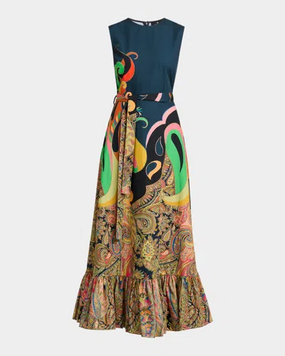 Etro Paisley Lotus Print Cotton Flounce Maxi Dress In Blue