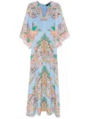 Etro Multicolor Long Dress With All-over Paisley Print And V-neck In Silk Woman In Blue