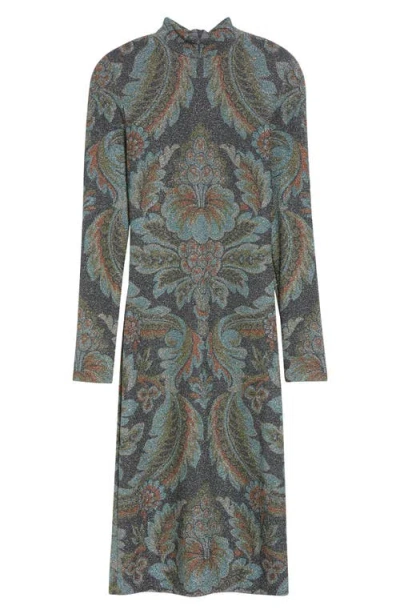 Etro Paisley Metallic Long Sleeve Body-con Dress In Gold