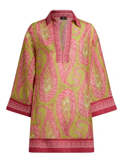 Etro Cover-up Mini Dress In Cotton-blend Fabric With Paisley Foliage Motif In Multi