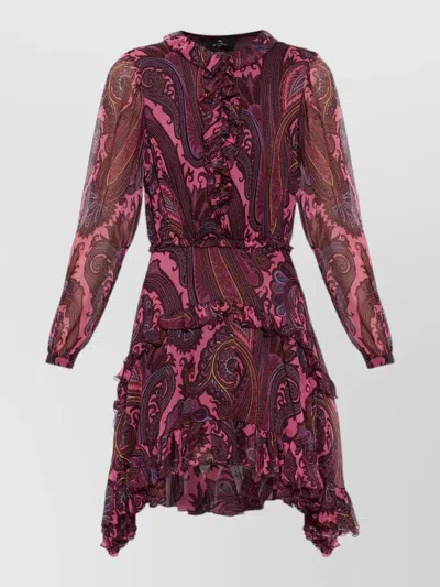 Etro Paisley Mini Dress Ruffles Sheer Sleeves Tiers In Multi