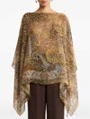 Etro Paisley-motif Animal-print Silk Poncho In Brown