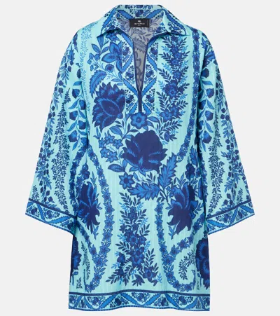 Etro Paisley Oversized Cotton Minidress In Blue