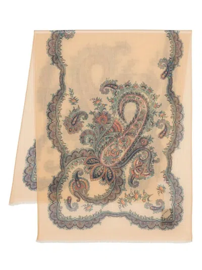 Etro Paisley Pattern Cashmere Scarf With Floral Design In Neutral