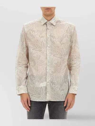 Etro Paisley Pattern Cotton Shirt With Button-down Collar In Beige