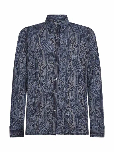 Etro Paisley-pattern Jacquard Viscose Pique Shirt In Blue