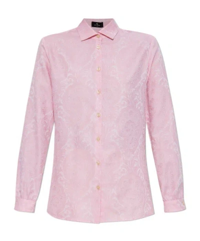 Etro Paisley Print Collared Neck Long Sleeve Top In Pink