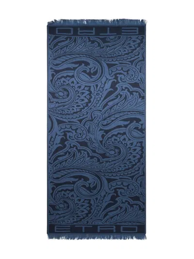 Etro Paisley-pattern Wool-silk Blend Scarf In Blue