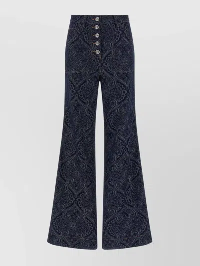 Etro Flared Jacquard Denim Jeans With Pegaso Buttons In Blue