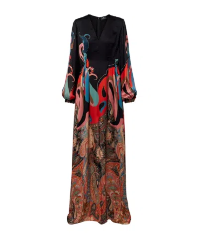 Etro Lotus Paisley-print Long-sleeve A-line Gown In Multi
