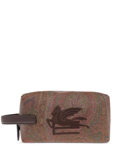 Etro Arnica Pegasus Coated Cotton Beauty Case With Paisley Print In Brown