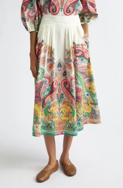 Etro Paisley Pleated Cotton Voile Midi Skirt In Multi