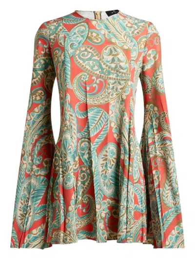 Etro Paisley Pleated Mini Dress In Multi