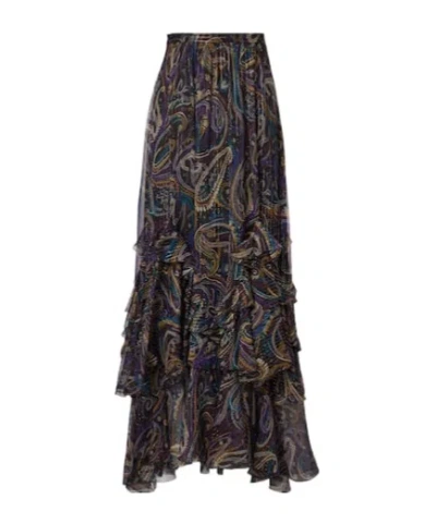 Etro Silk Maxi Skirt With Paisley Foliage Motif In Blue