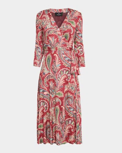 Etro Paisley-print Bracelet-sleeve Wrap Midi Dress In Red