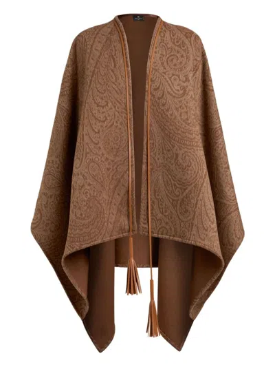 Etro Leather-trimmed Paisley-print Wool-blend Poncho In Brown