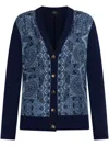 Etro , Cardigan With Silk Scarf Motif, Woman, Navy Blue, Size 48 In Blue