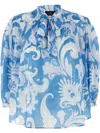 Etro Loose-fit Cotton Shirt With V-neck And Floral Pattern In Blue