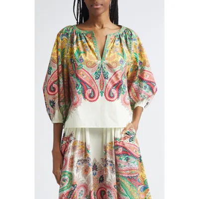 Etro Paisley Print Cotton Split Neck Top In Multi