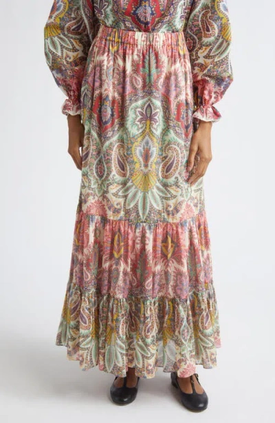 Etro Paisley Print Cotton Tiered Maxi Skirt In Animal Print