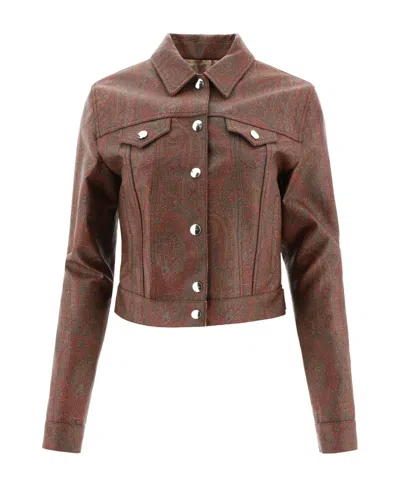 Etro Cropped Paisley-print Coated Cotton-blend Canvas Jacket In Brown