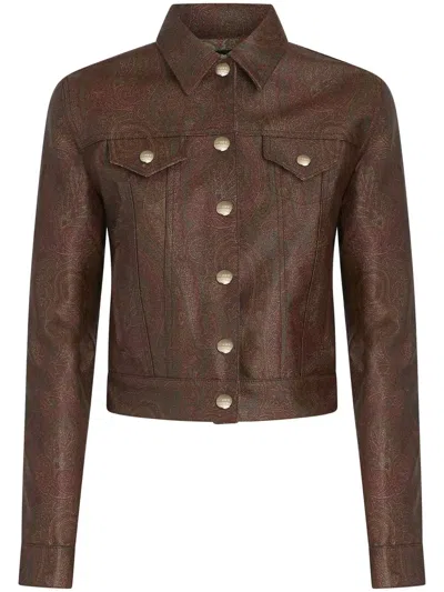 Etro Cropped Paisley-print Coated Cotton-blend Canvas Jacket In Brown