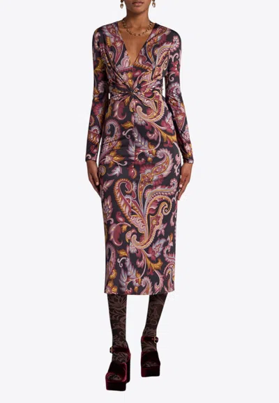 Etro Paisley Print Draped V-neck Midi Dress