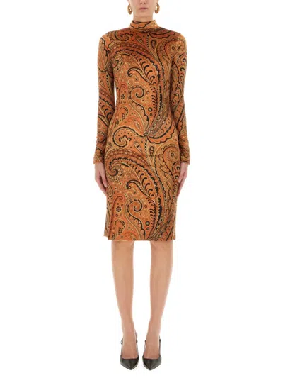 Etro Long-sleeve Velvet Paisley Dress In Orange