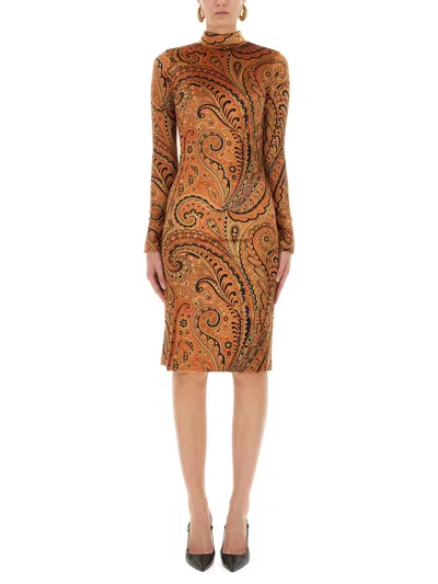 Etro Paisley Print High Neck Knee Length Dress In Orange