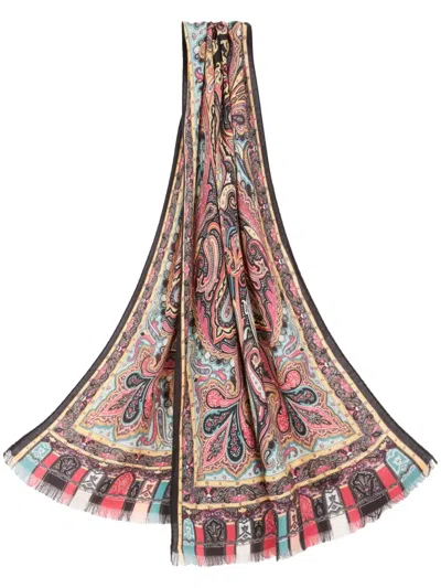 Etro Paisley-print Frayed-edge Cashmere-blend Scarf In 黑色