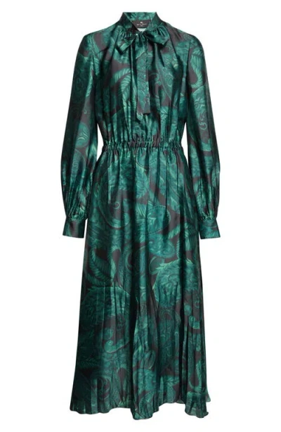 Etro Paisley Print Gathered Long Sleeve Shirtdress In Green
