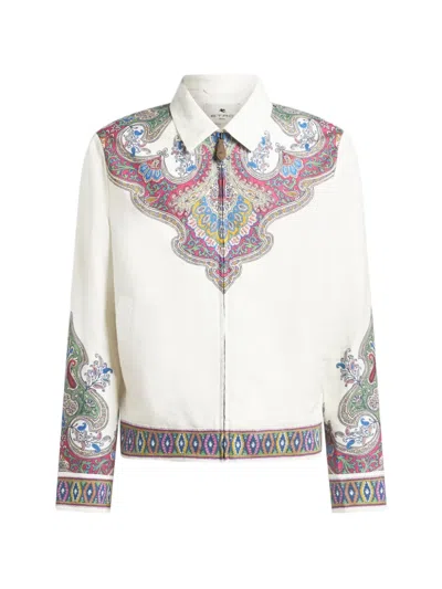 Etro Linen Bomber Jacket With Placed Paisley Pochette Print In Multi