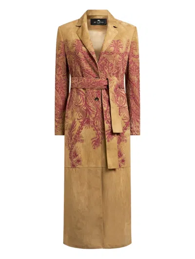 Etro Paisley-print Leather Coat In Brown
