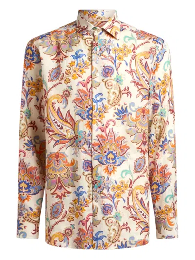 Etro , Printed Linen Shirt, Man, Beige, Size 44