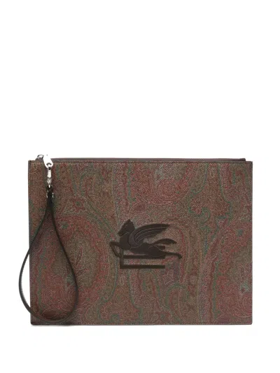 Etro Paisley-print Logo-embroidered Clutch Bag In Brown