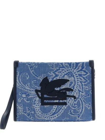 Etro Paisley-print Logo-embroidery Clutch Bag In Blue